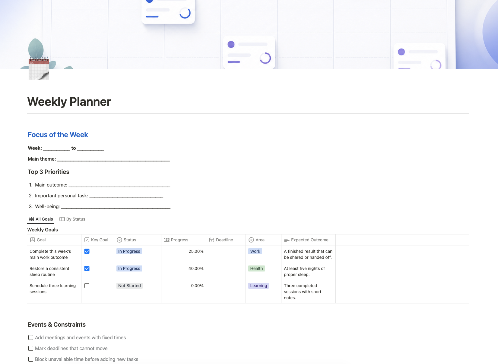 Weekly planner with goals, priorities, tasks, meetings, and a habit tracker